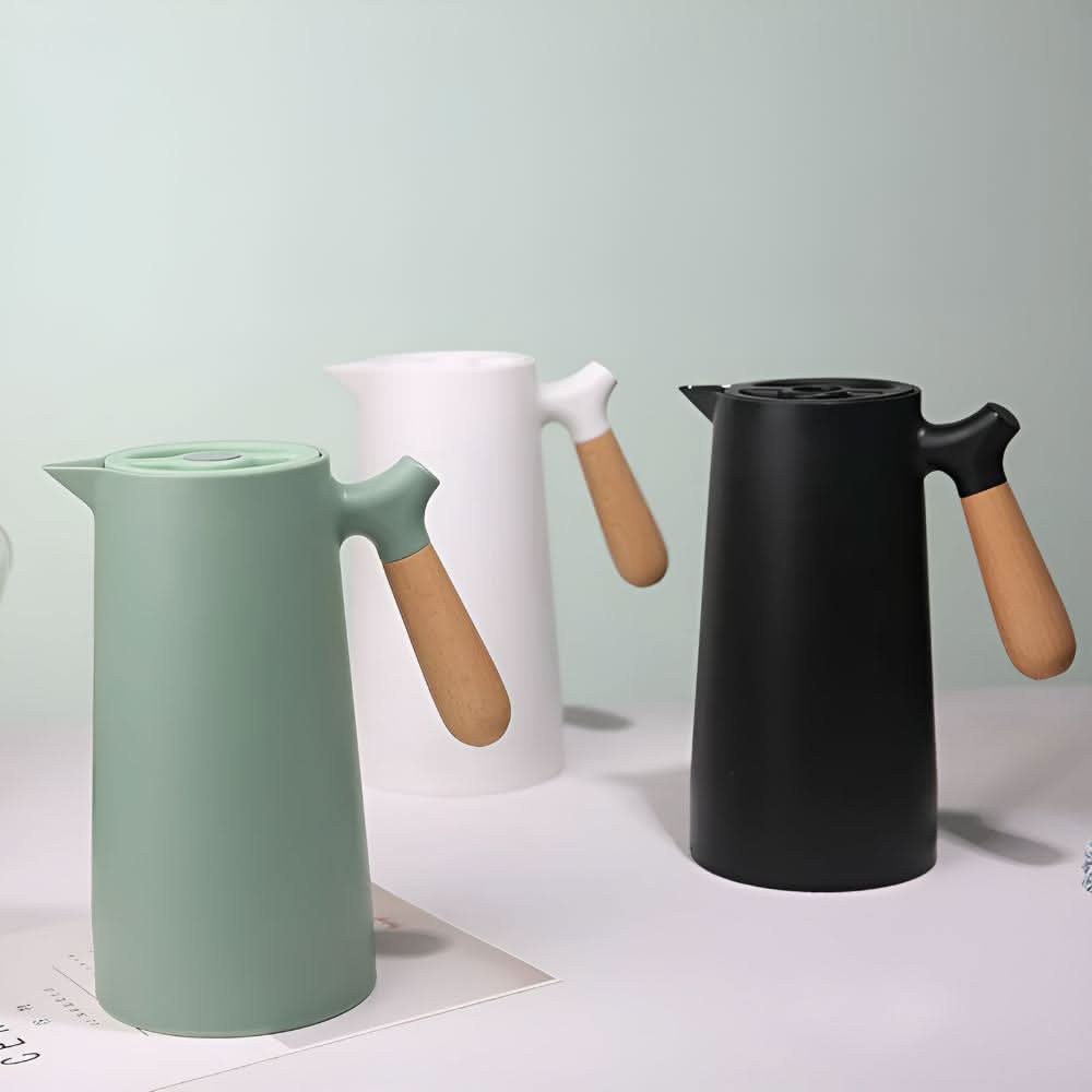 Skanto | Elegant dobbelvegg glass karaffel med trehåndtak for varme og kalde drikker