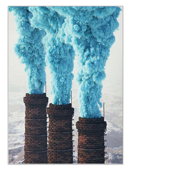 Livlige landskapsvegger Kunst Fine kunstler lerret utskrifter - Vulkanfjell med rosa røyk & industrivifter med blå emisjoner La deg inspirere av fantastiske kontraster mellom natur og industri | Skanto
