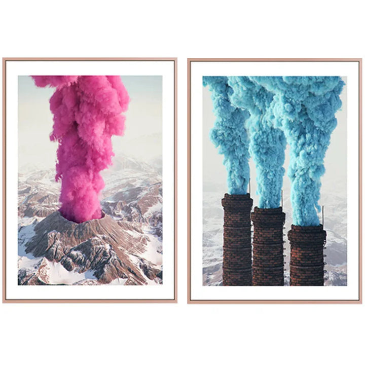 Livlige landskapsvegger Kunst Fine kunstler lerret utskrifter - Vulkanfjell med rosa røyk & industrivifter med blå emisjoner La deg inspirere av fantastiske kontraster mellom natur og industri | Skanto