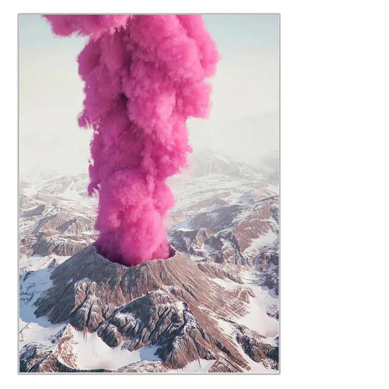 Livlige landskapsvegger Kunst Fine kunstler lerret utskrifter - Vulkanfjell med rosa røyk & industrivifter med blå emisjoner La deg inspirere av fantastiske kontraster mellom natur og industri | Skanto