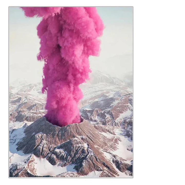 Livlige landskapsvegger Kunst Fine kunstler lerret utskrifter - Vulkanfjell med rosa røyk & industrivifter med blå emisjoner La deg inspirere av fantastiske kontraster mellom natur og industri | Skanto