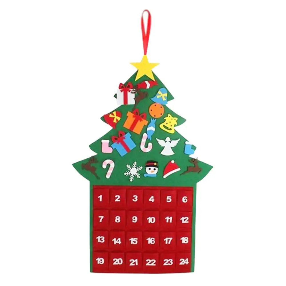 Skanto | Felt Juletre Adventskalender med 24 Lommer og Tegneserie Mønstre – Festlig Dekorasjon for Å Tell Ned til Jul