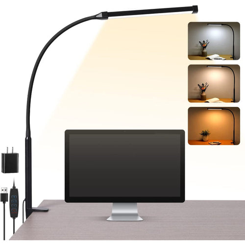 Skanto | LED Skrivebord Lampe med Lampe, øyevennlige Klips-Lys for Hjemmekontoret, 3 Moduser 10 Lysstyrkenivåer, lang fleksibel Gåsehals, Metall, Svingarm Arkitekt Oppgave Skrivebord Lamper med USB Adapter, Hvit