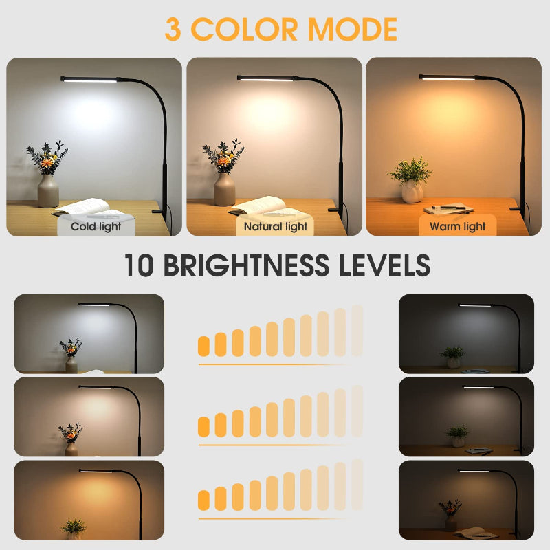 Skanto | LED Skrivebord Lampe med Lampe, øyevennlige Klips-Lys for Hjemmekontoret, 3 Moduser 10 Lysstyrkenivåer, lang fleksibel Gåsehals, Metall, Svingarm Arkitekt Oppgave Skrivebord Lamper med USB Adapter, Hvit