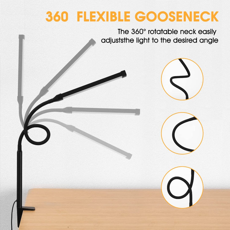 Skanto | LED Skrivebord Lampe med Lampe, øyevennlige Klips-Lys for Hjemmekontoret, 3 Moduser 10 Lysstyrkenivåer, lang fleksibel Gåsehals, Metall, Svingarm Arkitekt Oppgave Skrivebord Lamper med USB Adapter, Hvit