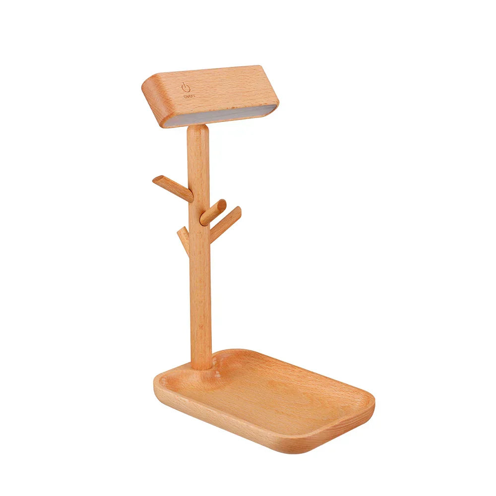 Skanto | WoodGlow – Dimbar Tre Bordlampe med Praktisk Oppbevaring