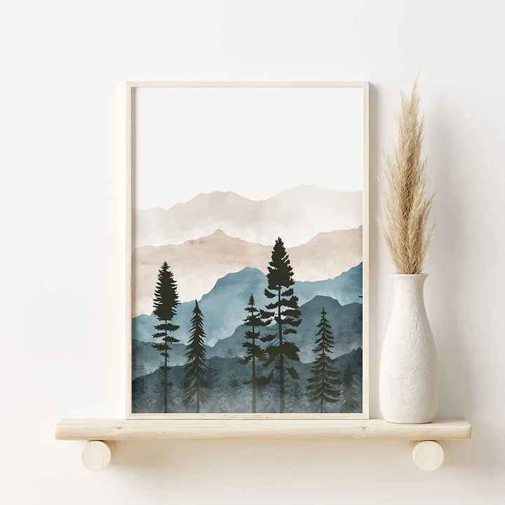 Wald Villmark Fjell Akvarell Veggkunst Fine Art Lerrettrykk Nordiske Landskapsbilder Plakat for Bolig Kunst Dekor | Skanto