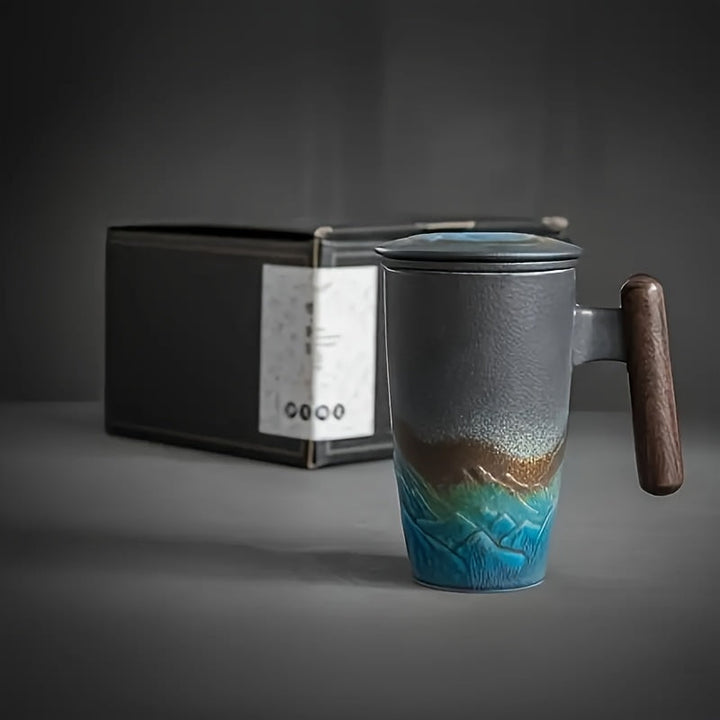 Skanto | TeaCraft Keramisk Kopp | Håndlaget | Med Te-sil og Treskaft | Retro Design