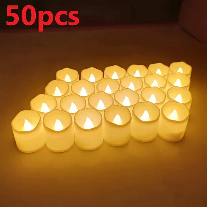 Skanto | 24/50/100 Pakke flammefrie LED-lys – batteridrevne flimrende tealights, røkfrie og romantiske for bryllup og forlovelser