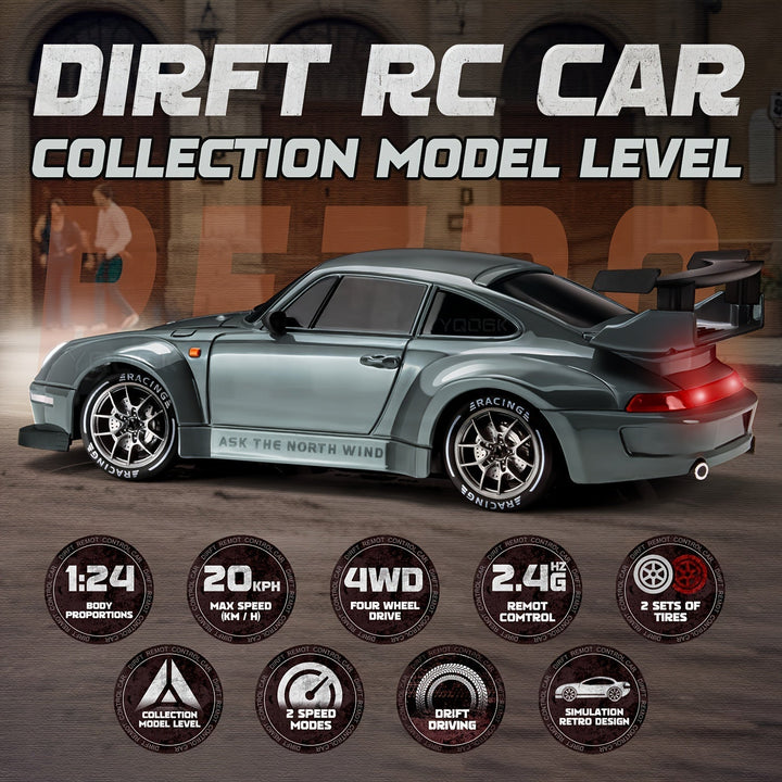 Skanto | Ultimate 1:24 RC Driftcar med LED-hjul – Oppladbar 4WD racing leketøy