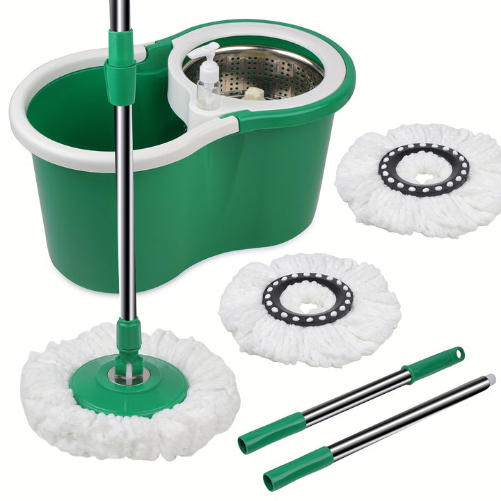 Skanto | Spin-mopp og bøtte sett med presse – 360° roterende mopp-system, inkluderer 3 mikrofiber-mopp hoder og 61" justerbart rustfritt stål håndtak – Ideell for gulvrengjøring i bad og skoler