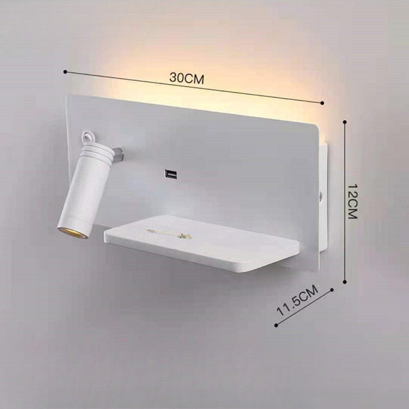Skanto | Moderne LED-gulvlampe med USB-port, vegglampe med hylle for soverom og kontor