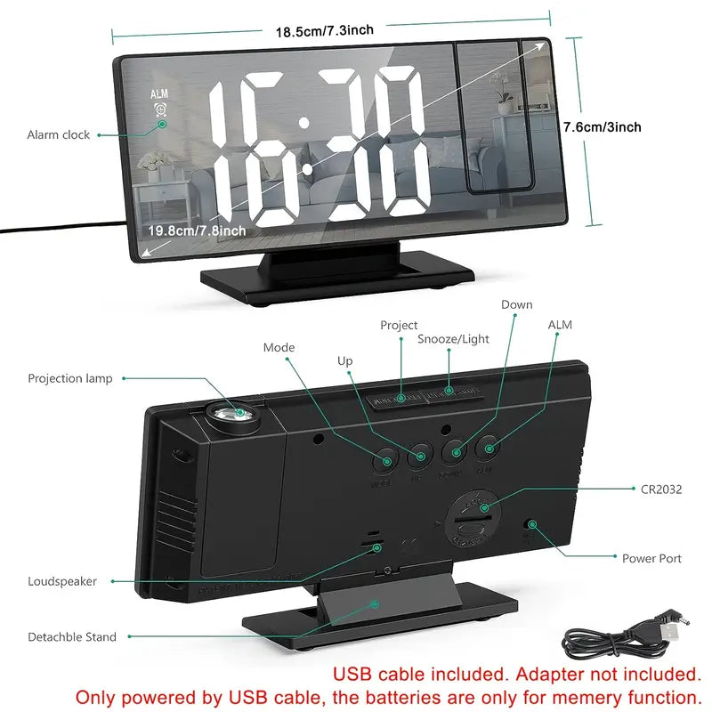 Skanto | 180° Justerbar LED prosjektionsvekkerklokke – Snus, 12/24H Tid & Temperaturvisning, Speildesign – USB-drevet, Nattmodus & Minnefunksjon