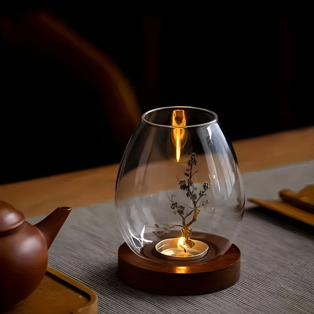 2-delt sett glasskandelholdere med tresokkel - dekorativ i retro zen-stil | perfekt for stue, borddekorasjon og utendørs | Skanto