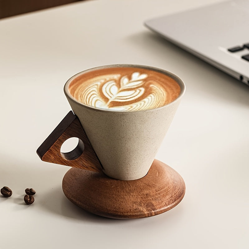 Skanto | BaristaLuxe Keramisk Kaffe-Kopp 250ml – Håndlaget med Trehåndtak og Underlag