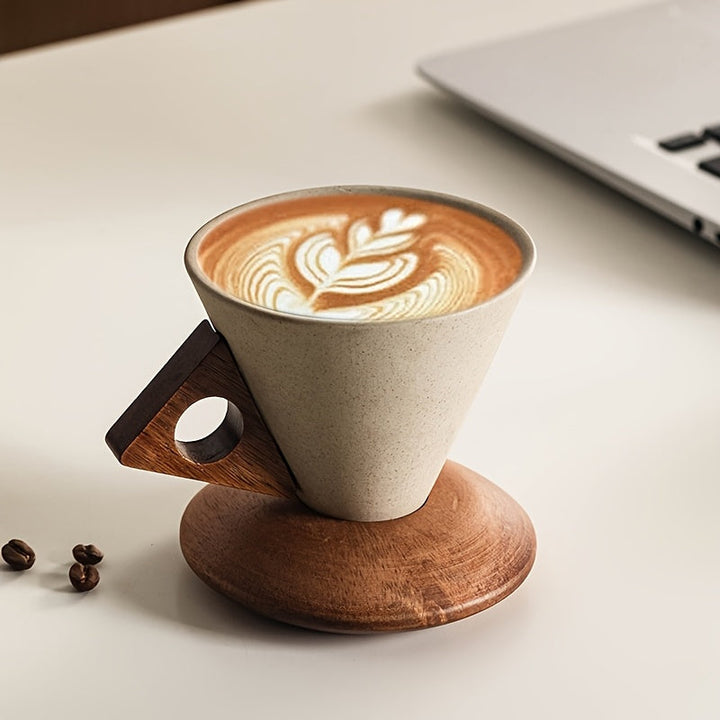BaristaLuxe Keramisk Kaffeekopp 250ml – Håndlaget med treskaft og fat | Skanto