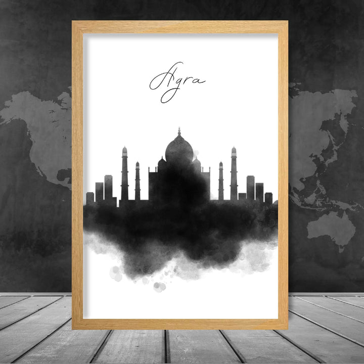 Akvarellbilde av Agra, skyline og bylandskap
