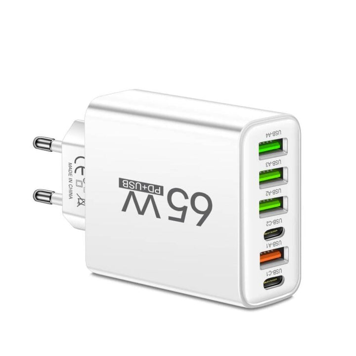 Skanto | PowerMax 65W 6-i-1 Hurtiglader – Lader opptil 6 enheter samtidig – Ideell for hjem, kontor og reise