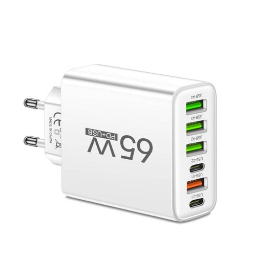 Skanto | PowerMax 65W 6-i-1 Hurtiglader – Lader opptil 6 enheter samtidig – Ideell for hjem, kontor og reise