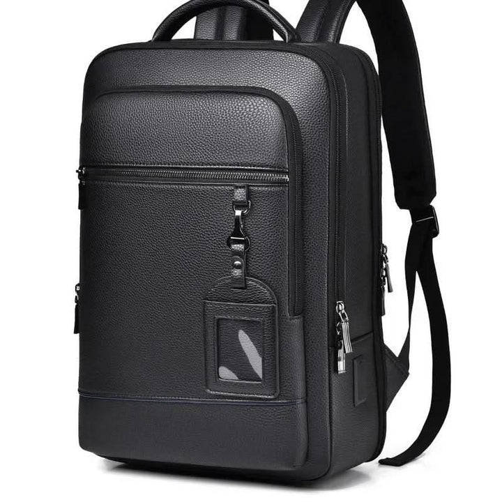 Eleganter Lederrucksack for Damen og Herren med USB-anschluss for laptop og täglichen bruk, 15,6 Zoll, schwarz