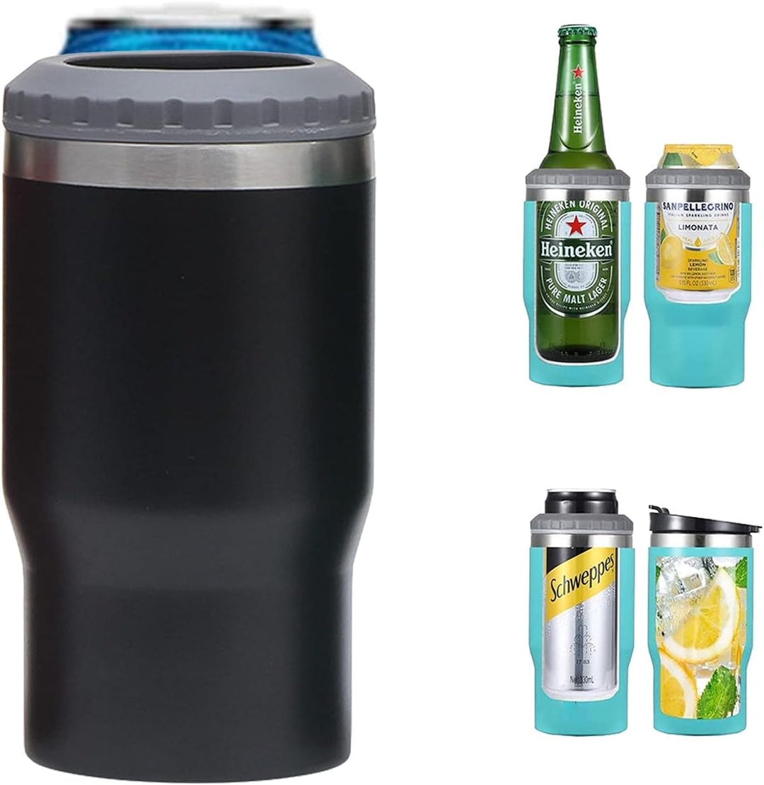 Skanto | 4 i 1 rustfritt stål boks/flaske isolator, 14Oz toveis lokk SUS isolert boks kjøler, ølboksholder (Svart)