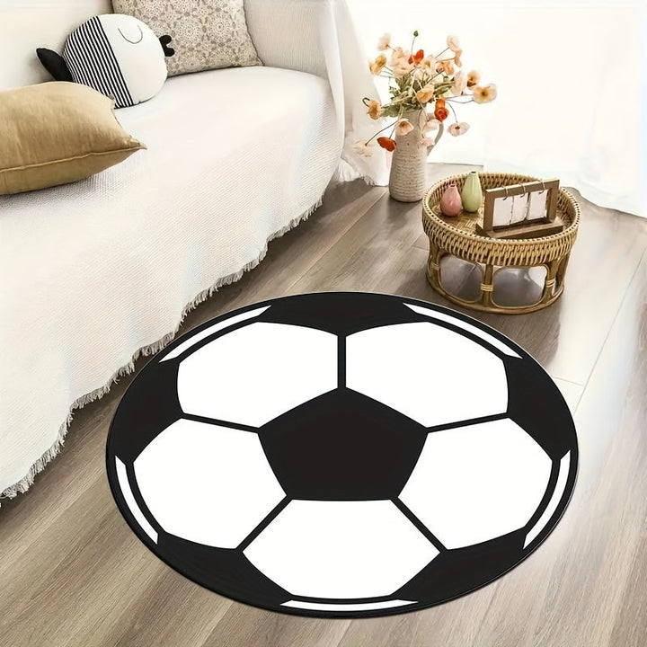 Rund fotballteppe med halkefri bakgrunn – Sporty teppe for barnerom og stue | Skanto
