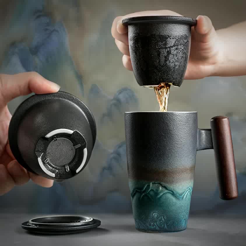 Skanto | TeaCraft Keramisk Kopp | Håndlaget | Med Te-sil og Treskaft | Retro Design