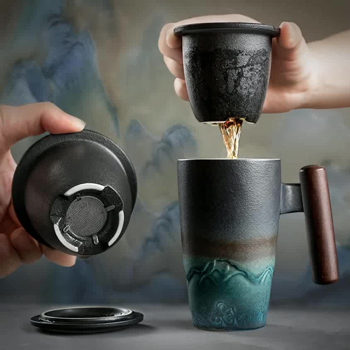 Skanto | TeaCraft Keramisk Kopp | Håndlaget | Med Te-sil og Treskaft | Retro Design