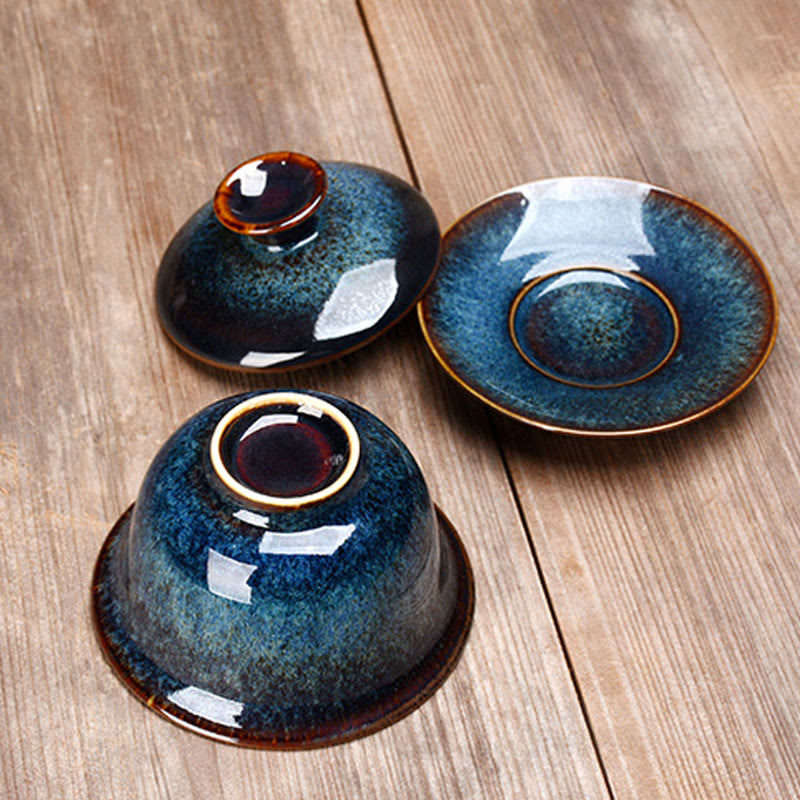 Skanto | Vintage Brennovn Keramisk Gaiwan Sancai Tekopp Tekopp og Tallerken med Lokk