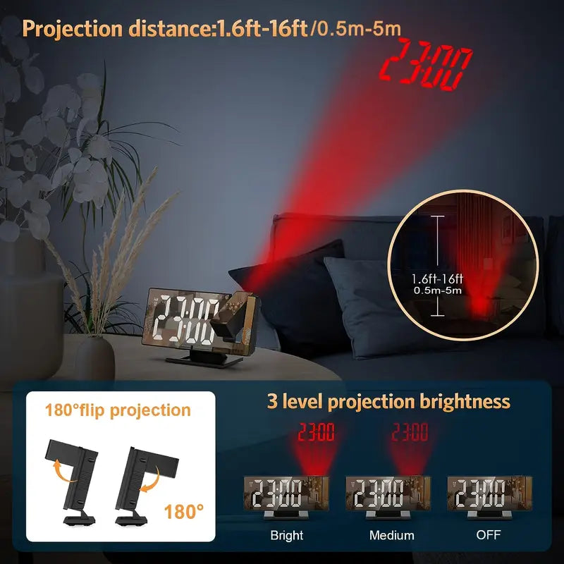 Skanto | 180° Justerbar LED prosjektionsvekkerklokke – Snus, 12/24H Tid & Temperaturvisning, Speildesign – USB-drevet, Nattmodus & Minnefunksjon