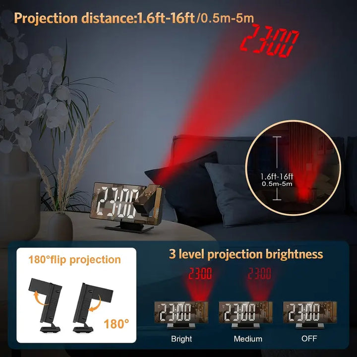 Skanto | 180° Justerbar LED prosjektionsvekkerklokke – Snus, 12/24H Tid & Temperaturvisning, Speildesign – USB-drevet, Nattmodus & Minnefunksjon