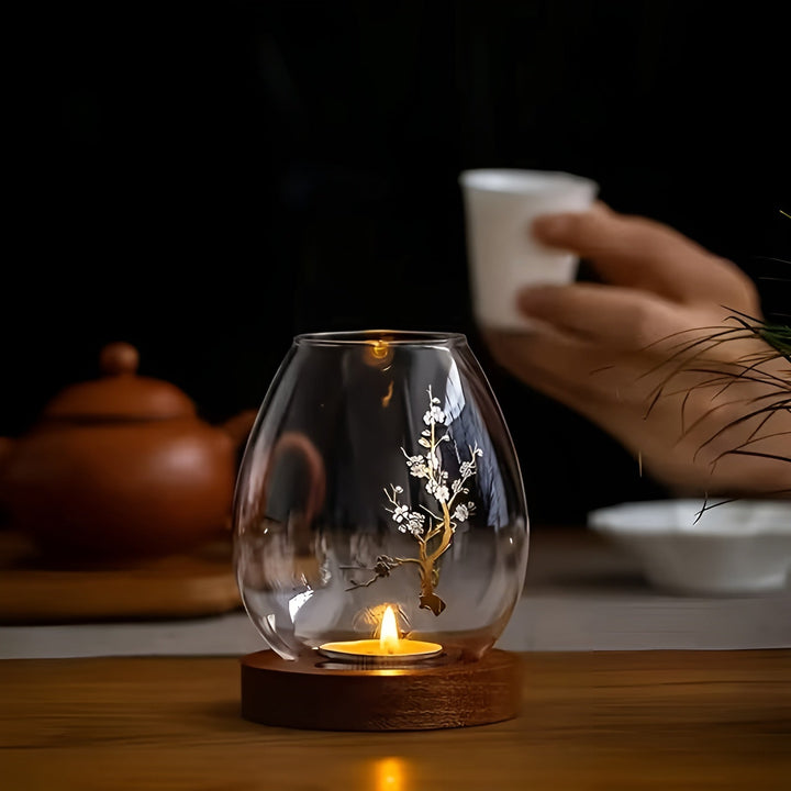 2-delt sett glasskandelholdere med tresokkel - dekorativ i retro zen-stil | perfekt for stue, borddekorasjon og utendørs | Skanto