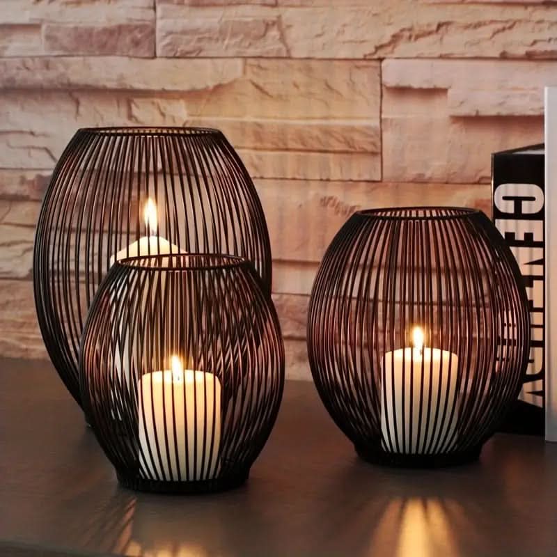 Skanto | Set with 3 vintage black metal lantern candelabras