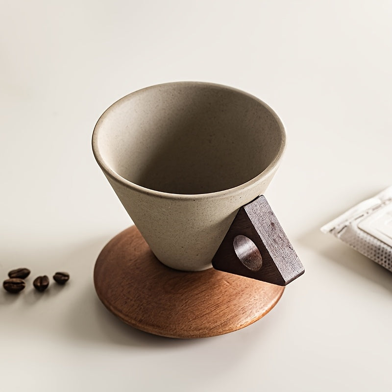 BaristaLuxe Keramisk Kaffekopp 250ml – Håndlaget med Trehåndtak og Underlag | Skanto