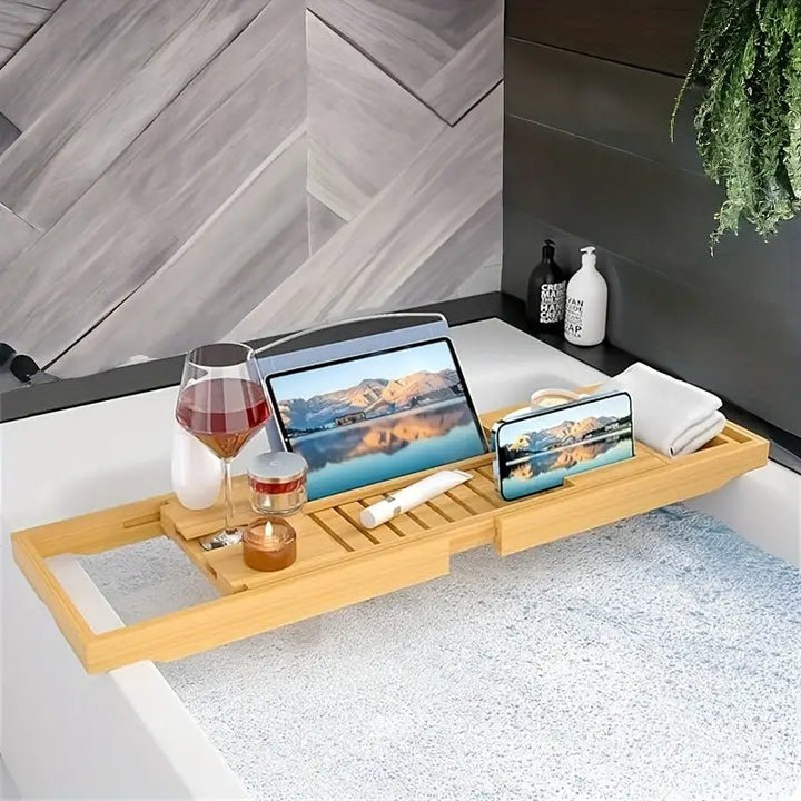 Aurevo Bambus-Badewannenablage | Ausziehbare Luxus-Badewannenablage med Weinglas- og Buchhalter