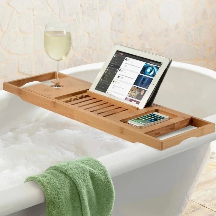 Skanto | Aurevo Bamboo Badekar Caddy | Utvidbar luksus badekarbrett med vinglass- og bokholder