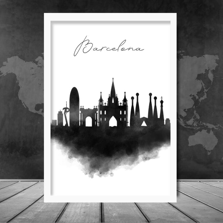 Barcelonas akvarellbilde av skyline og bybilde