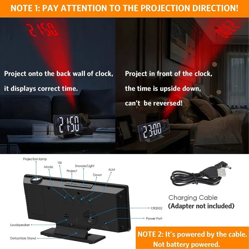 Skanto | 180° Justerbar LED prosjektionsvekkerklokke – Snus, 12/24H Tid & Temperaturvisning, Speildesign – USB-drevet, Nattmodus & Minnefunksjon
