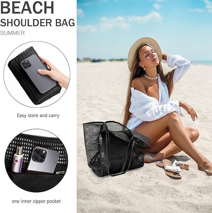 Foldbar mesh strand tote bag med innerlomme | Skanto