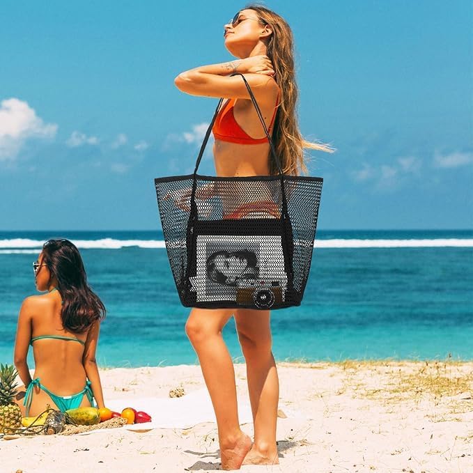 Foldbar mesh strand tote bag med innerlomme | Skanto