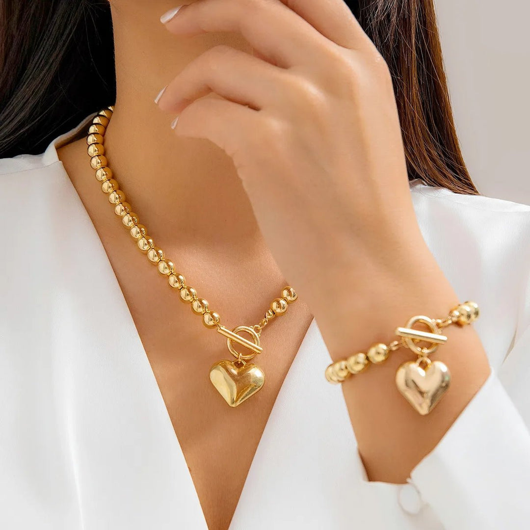 Skanto | 2pc Perle Hjerte Anheng Armbånd og Halskjede Sett