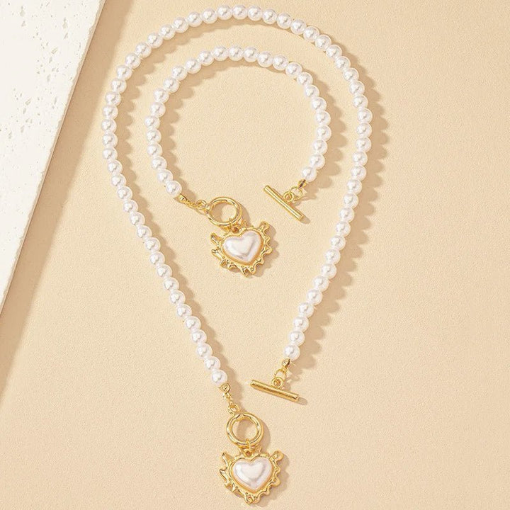Skanto | 2pc Perle Hjerte Anheng Armbånd og Halskjede Sett