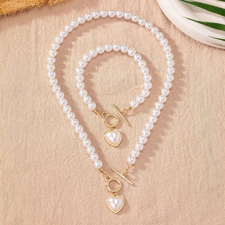 Skanto | 2pc Perle Hjerte Anheng Armbånd og Halskjede Sett
