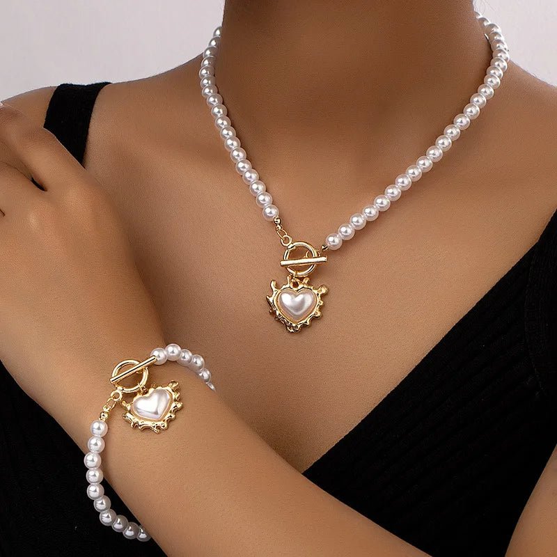 Skanto | 2pc Perle Hjerte Anheng Armbånd og Halskjede Sett