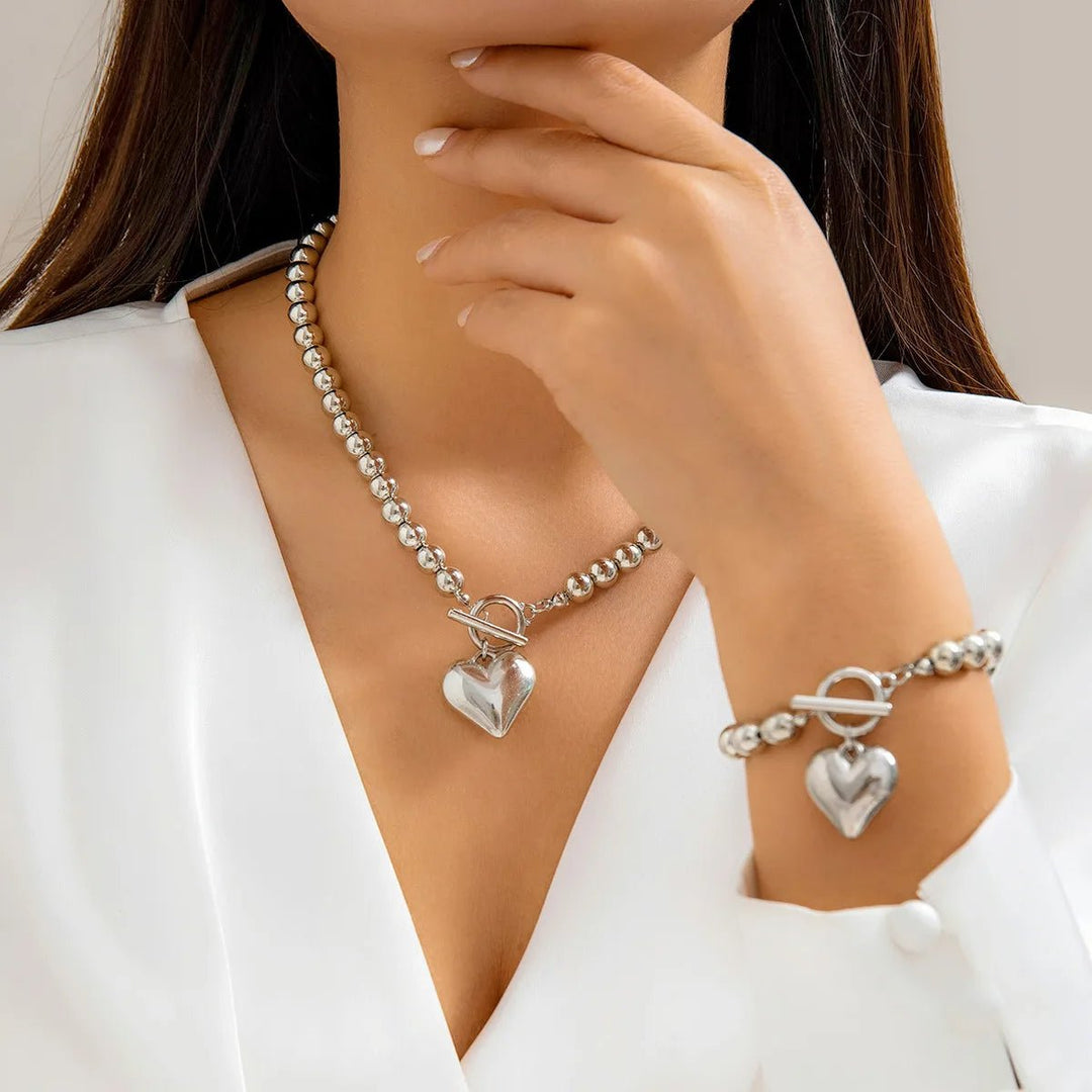 Skanto | 2pc Perle Hjerte Anheng Armbånd og Halskjede Sett