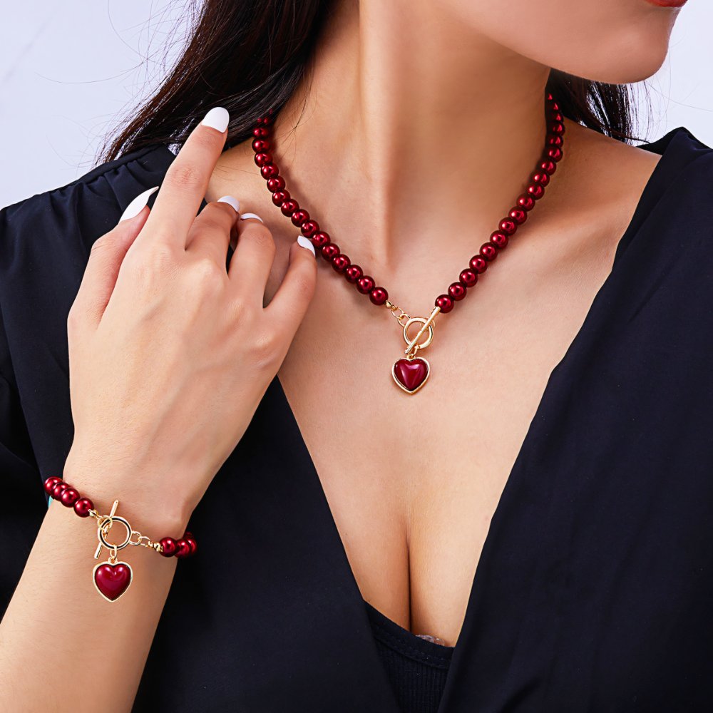Skanto | 2pc Perle Hjerte Anheng Armbånd og Halskjede Sett