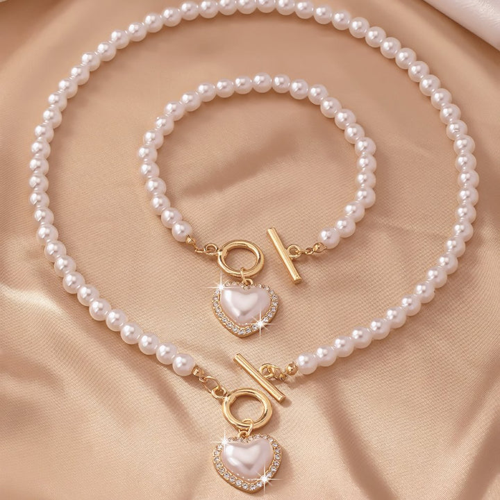 Skanto | 2pc Perle Hjerte Anheng Armbånd og Halskjede Sett