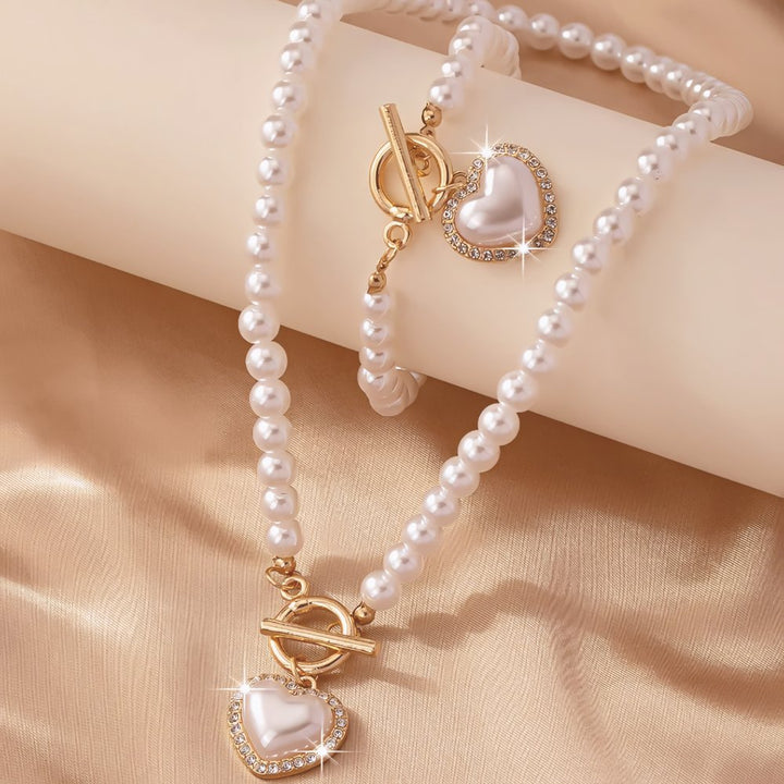 Skanto | 2pc Perle Hjerte Anheng Armbånd og Halskjede Sett
