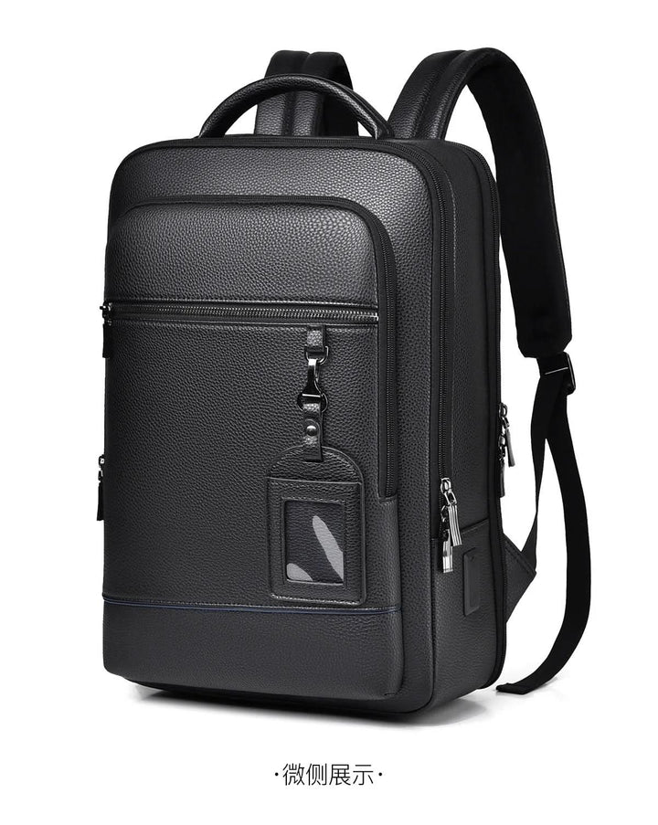 Skanto | Elegant lær ryggsekk for menn/kvinner med USB-port for laptop og hverdagsbruk, 15,6 tommer, svart