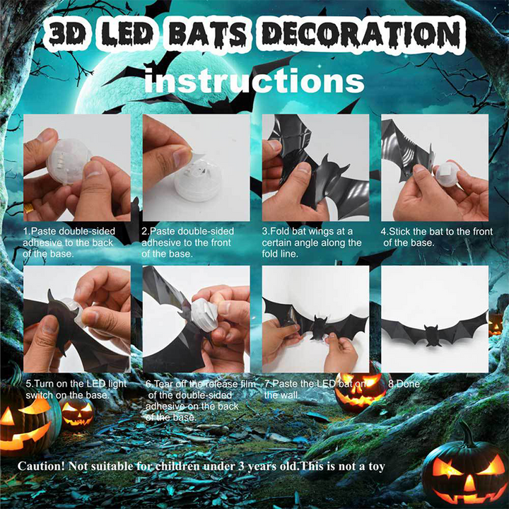 Skanto | 3D Flaggermus LED Veggdekor — Gjør hjemmet ditt til den skumleste Halloween-scenen med livaktige flygende illusjoner!